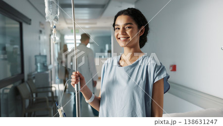 Iv drip, patient and portrait of happy woman in a hospital or clinic corridor with treatment for recovery from surgery. Intravenous, medicine and person with medical insurance for care and health Iv drip, patient and portrait of happy woman in a hospital or clinic corridor with treatment for recovery from surgery. Intravenous, medicine and person with medical insurance for care and health 138631247