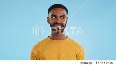 Thinking, anxiety and stress of black man in studio isolated on a blue background mockup. Challenge, fear and scared person worry for financial crisis, bankruptcy and doubt mistake, nervous and fail Thinking, anxiety and stress of black man in studio isolated on a blue background mockup. Challenge, fear and scared person worry for financial crisis, bankruptcy and doubt mistake, nervous and fail 138631250