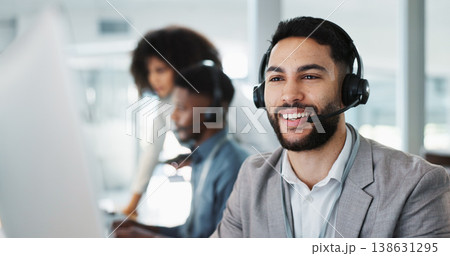Happy businessman, call center and customer service in telemarketing, communication or support at office. Friendly man, consultant or agent smile in online advice, help or contact us at workplace Happy businessman, call center and customer service in telemarketing, communication or support at office. Friendly man, consultant or agent smile in online advice, help or contact us at workplace 138631295