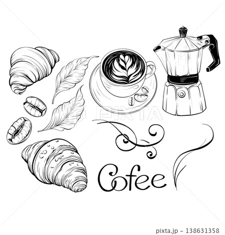 Coffee Breakfast Elements Set, Croissant Beans Leaves Moka Pot and Cup, Black and White Line Art Food Clipart Collection Coffee Breakfast Elements Set, Croissant Beans Leaves Moka Pot and Cup, Black and White Line Art Food Clipart Collection 138631358