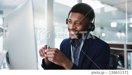 Computer, call center and happy black man talking, crm and technical support at help desk. Communication, customer service and sales agent consulting, telemarketing advisory and speaking to contact Computer, call center and happy black man talking, crm and technical support at help desk. Communication, customer service and sales agent consulting, telemarketing advisory and speaking to contact 138631371
