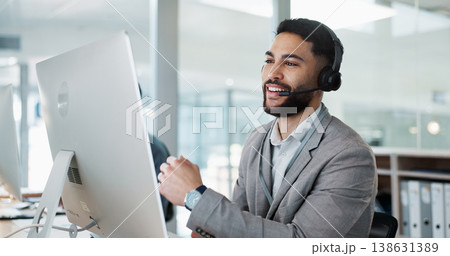 Call center, customer service and man on an online consultation on a computer working in the office. Contact us, crm and young male telemarketing consultant or agent talking for support in workplace. Call center, customer service and man on an online consultation on a computer working in the office. Contact us, crm and young male telemarketing consultant or agent talking for support in workplace. 138631389