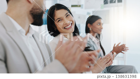 Happy business people, applause and meeting in presentation, conference or team workshop at office. Excited group clapping and smile in staff training, celebration or promotion together at workplace Happy business people, applause and meeting in presentation, conference or team workshop at office. Excited group clapping and smile in staff training, celebration or promotion together at workplace 138631398