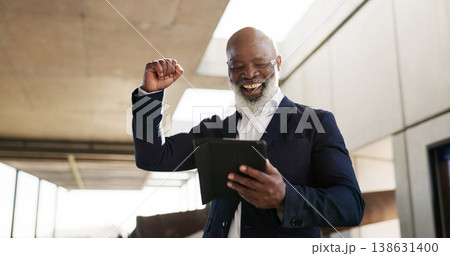 Tablet, celebration and senior businessman in the city with good news, job promotion or winning. Happy, digital technology and professional African male lawyer with fist pump for success in town. Tablet, celebration and senior businessman in the city with good news, job promotion or winning. Happy, digital technology and professional African male lawyer with fist pump for success in town. 138631400