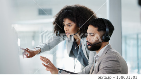 Call center, training and learning in office with mentor, technical support and advice for working on computer. Employees, collaboration and questions for manager coaching on project with tech 138631503