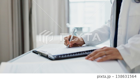Doctor, hands and writing on checklist at desk for health, information and paperwork. Table, clipboard and closeup of medical woman on chart for prescription, notes or insurance document in hospital Doctor, hands and writing on checklist at desk for health, information and paperwork. Table, clipboard and closeup of medical woman on chart for prescription, notes or insurance document in hospital 138631564