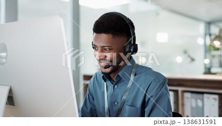 Happy black man, face and call center in customer service, support or telemarketing at office. African male person, consultant or agent with headphones for consulting in contact us or online advice Happy black man, face and call center in customer service, support or telemarketing at office. African male person, consultant or agent with headphones for consulting in contact us or online advice 138631591