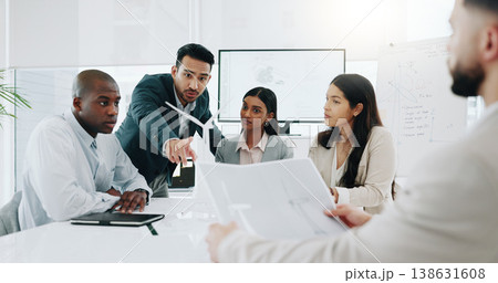 Wind turbine, meeting and people or office team working on clean energy and sustainability planning. Engineering, project proposal and architect job with eco friendly and innovation on 3d design 138631608