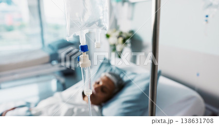 Hospital, IV drip and woman in a clinic bed for surgery or wellness emergency with closeup of liquid. Medical, healthcare and senior female patient with fluid for nutrition and infusion for health Hospital, IV drip and woman in a clinic bed for surgery or wellness emergency with closeup of liquid. Medical, healthcare and senior female patient with fluid for nutrition and infusion for health 138631708