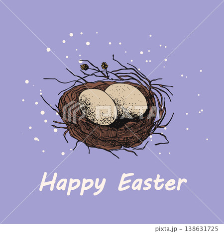 Vector Easter banner with eggs in bird's nest. Festive background with place for text for flyer. Hand drawn vector illustration, holiday design Vector Easter banner with eggs in bird's nest. Festive background with place for text for flyer. Hand drawn vector illustration, holiday design 138631725