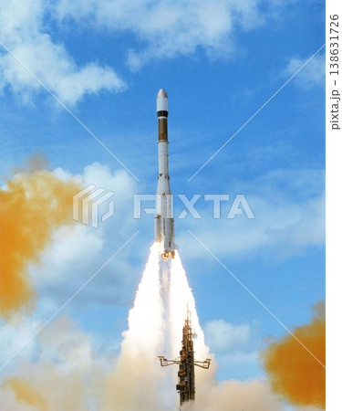 Rocket launch into sky, dust cloud and travel on space mission for research, exploration and discovery in cosmos. Science, aerospace innovation or technology, spaceship in flight with flame and fuel. 138631726