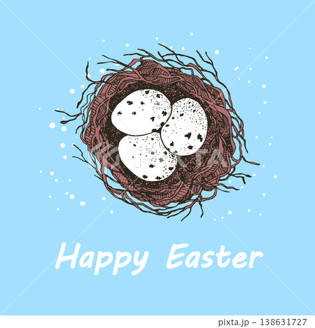 Vector Easter banner with eggs in bird's nest. Festive background with place for text for flyer. Hand drawn vector illustration, holiday design Vector Easter banner with eggs in bird's nest. Festive background with place for text for flyer. Hand drawn vector illustration, holiday design 138631727