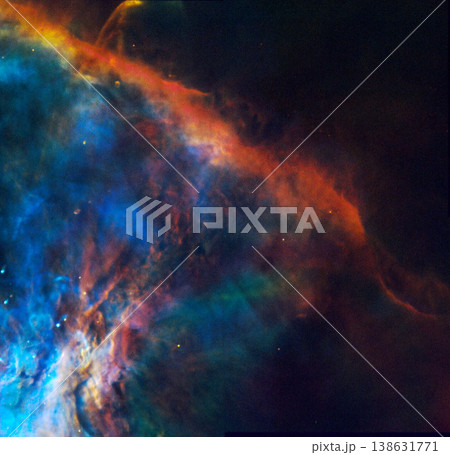 Cosmos, neon cloud and stars in universe with light, dust pattern and color glow in solar system. Galaxy, infinity and planets in milky way with nebula shine, dark sky or energy flare in space debris 138631771