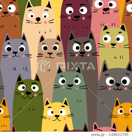 Seamless pattern with cute kitten print. Different scandy cats on color background. Scandinavian style illustration for kids. Vector illustration for fabric, textile, wallpaper, home clothing, pajama 138631785