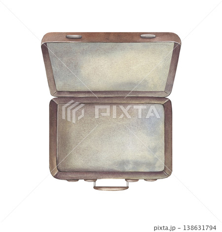 Hand-painted watercolor illustration of opened vintage brown leather suitcase isolated on white. Classic travel design ideal for branding, packaging, posters, travel blogs, stationery, and decor Hand-painted watercolor illustration of opened vintage brown leather suitcase isolated on white. Classic travel design ideal for branding, packaging, posters, travel blogs, stationery, and decor 138631794