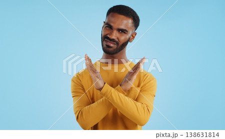 Shaking head, no and face of a man with stop, rejection and disappointment on a studio background. Sad, angry and portrait of a person with a gesture for a protest, disapproval or refusal with mockup 138631814