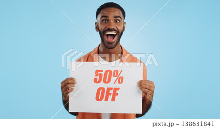Sales poster, happy man or surprise discount offer, studio promo banner and advertising brand, info or service. Billboard savings sign, wow commerce announcement or portrait person on blue background 138631841