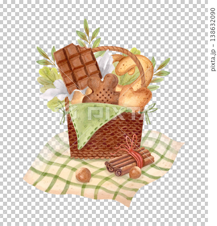 Watercolor cozy autumn sweets basket illustration with cookies, chocolate, cinnamon and pastries, hygge fall dessert clipart Watercolor cozy autumn sweets basket illustration with cookies, chocolate, cinnamon and pastries, hygge fall dessert clipart 138632090