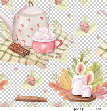 Seamless watercolor cozy autumn pattern with teapot, candles and cocoa mug, hygge fall background for textile and wrapping design Seamless watercolor cozy autumn pattern with teapot, candles and cocoa mug, hygge fall background for textile and wrapping design 138632092