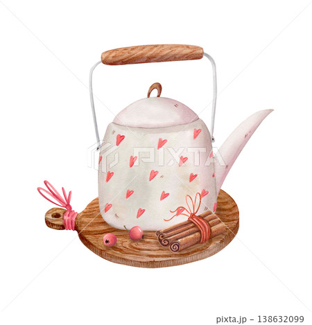 Watercolor cozy teapot illustration with hearts, cinnamon and berries. Hand drawn hygge tea time autumn clipart for kitchen decor 138632099