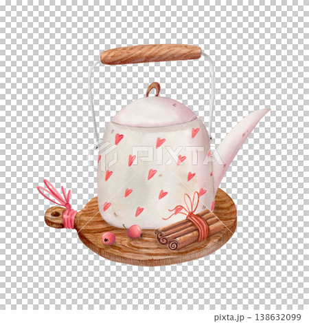 Watercolor cozy teapot illustration with hearts, cinnamon and berries. Hand drawn hygge tea time autumn clipart for kitchen decor Watercolor cozy teapot illustration with hearts, cinnamon and berries. Hand drawn hygge tea time autumn clipart for kitchen decor 138632099