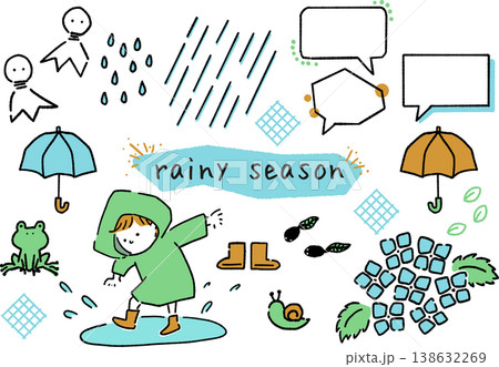 梅雨や雨の日に使える手描きイラスト・フレームセット 138632269
