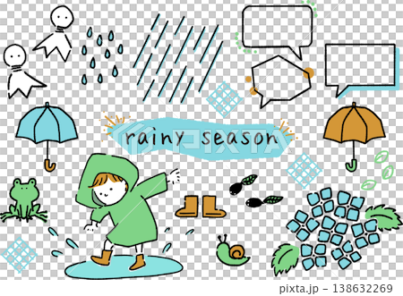 A set of hand-drawn illustrations and frames that can be used during the rainy season or on rainy days. 138632269