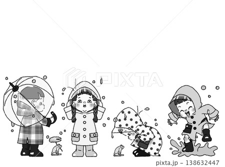 レインコートを着て雨の中楽しむ子供達のモノクロイラスト JPG 背景白 レインコートを着て雨の中楽しむ子供達のモノクロイラスト JPG 背景白 138632447