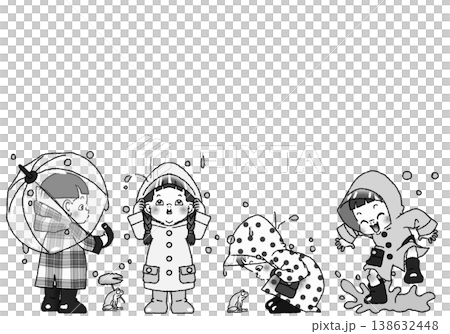 レインコートを着て雨の中楽しむ子供達のモノクロイラスト PNG 背景透過 138632448