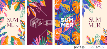 Exotic Hello Summer vertical backgrounds with colorful jungle leaves. Modern tropical banner and Exotic Hello Summer vertical backgrounds with colorful jungle leaves. Modern tropical banner and 138632597