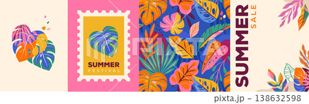 Exotic summer sale backgrounds with colorful jungle leaves. Modern tropical banner and poster vector 138632598