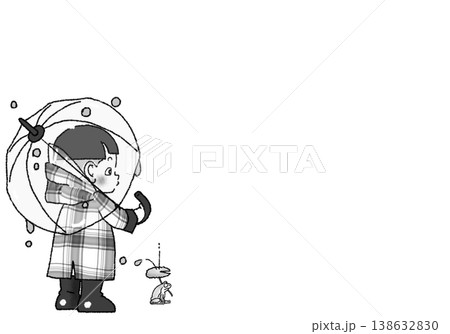 チェックのレインコートを着て雨の中たたずむ刈り上げヘアの男の子のモノクロイラスト JPG 背景白 138632830