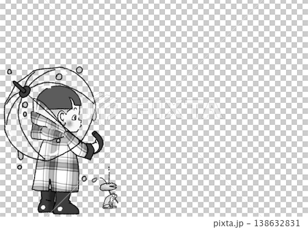 チェックのレインコートを着て雨の中たたずむ刈り上げヘアの男の子のモノクロイラスト PNG 背景透過 チェックのレインコートを着て雨の中たたずむ刈り上げヘアの男の子のモノクロイラスト PNG 背景透過 138632831