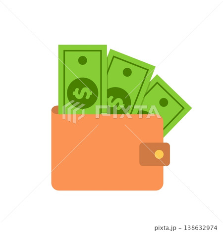Wallet with paper bills icon in a clean flat style showing banknotes inside an open wallet, isolated on a simple background and designed to represent personal finance, money management, payments, and Wallet with paper bills icon in a clean flat style showing banknotes inside an open wallet, isolated on a simple background and designed to represent personal finance, money management, payments, and 138632974