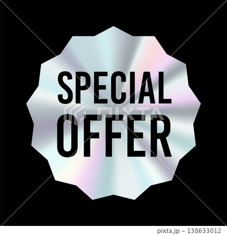 Special offer holographic sticker with bold promotional text in round badge style, shiny iridescent design for discounts, sales campaigns, retail pricing, ecommerce labels, and marketing highlights Special offer holographic sticker with bold promotional text in round badge style, shiny iridescent design for discounts, sales campaigns, retail pricing, ecommerce labels, and marketing highlights 138633012