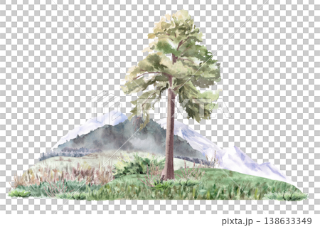 Mountain landscape with a pine tree and shrubs in the foreground. Isolated watercolor illustration for thematic websites, travel agency advertisements, postcards, posters, book and magazine covers. Mountain landscape with a pine tree and shrubs in the foreground. Isolated watercolor illustration for thematic websites, travel agency advertisements, postcards, posters, book and magazine covers. 138633349