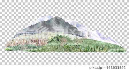 Mountain landscape with grass and shrubs in the foreground. Isolated watercolor illustration for thematic websites, travel agency advertisements, postcards, posters, book and magazine covers. 138633361