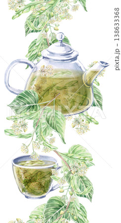 A vertical seamless border featuring a teapot and cup against a backdrop of linden branches. This isolated watercolor illustration is suitable for cosmetic brands, pharmacies, and textile companies. 138633368