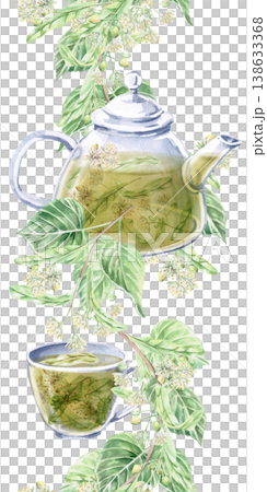 A vertical seamless border featuring a teapot and cup against a backdrop of linden branches. This isolated watercolor illustration is suitable for cosmetic brands, pharmacies, and textile companies. 138633368