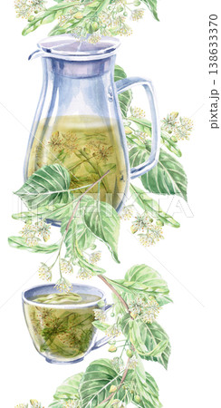 A vertical seamless border featuring a jug and cup against a background of linden branches. This isolated watercolor illustration is suitable for cosmetic brands, pharmacies, textile manufacturing. 138633370