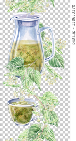 A vertical seamless border featuring a jug and cup against a background of linden branches. This isolated watercolor illustration is suitable for cosmetic brands, pharmacies, textile manufacturing. 138633370