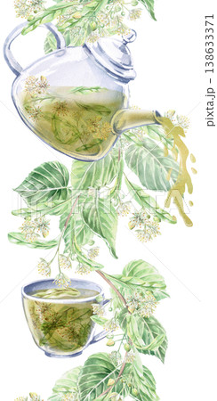 A vertical seamless border with a teapot pouring tea and a cup. Isolated watercolor illustration for flower shops, cosmetic brands, pharmacies, wedding printing, textile production, and packaging. A vertical seamless border with a teapot pouring tea and a cup. Isolated watercolor illustration for flower shops, cosmetic brands, pharmacies, wedding printing, textile production, and packaging. 138633371
