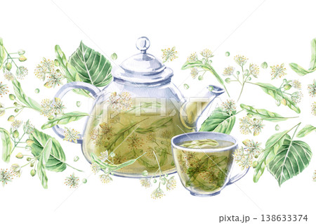 A seamless border featuring a teapot and cup against a background of linden blossoms. Isolated watercolor illustration for cosmetics brands, pharmacies, textiles, and packaging. 138633374