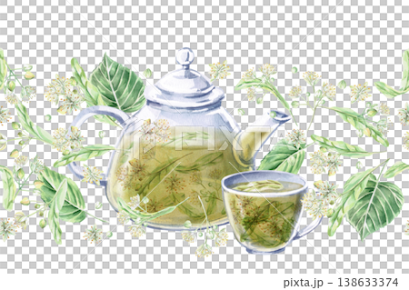 A seamless border featuring a teapot and cup against a background of linden blossoms. Isolated watercolor illustration for cosmetics brands, pharmacies, textiles, and packaging. 138633374
