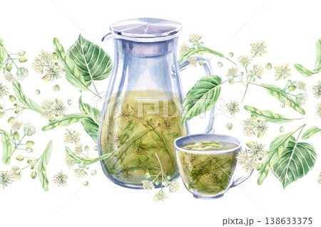 A seamless border with a jug and cup against a background of linden blossoms. Isolated watercolor illustration for cosmetics brands, pharmacies, textiles, and packaging. A seamless border with a jug and cup against a background of linden blossoms. Isolated watercolor illustration for cosmetics brands, pharmacies, textiles, and packaging. 138633375