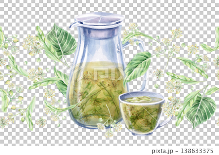 A seamless border with a jug and cup against a background of linden blossoms. Isolated watercolor illustration for cosmetics brands, pharmacies, textiles, and packaging. A seamless border with a jug and cup against a background of linden blossoms. Isolated watercolor illustration for cosmetics brands, pharmacies, textiles, and packaging. 138633375