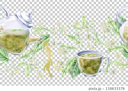 A seamless border featuring a teapot pouring tea and a cup against a background of linden blossoms. Isolated watercolor illustration for cosmetics brands, pharmacies, textile manufacturing,packaging. A seamless border featuring a teapot pouring tea and a cup against a background of linden blossoms. Isolated watercolor illustration for cosmetics brands, pharmacies, textile manufacturing,packaging. 138633376