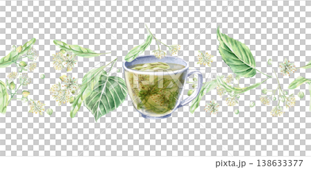 A seamless border with a cup of linden tea and linden blossoms. Isolated watercolor illustration for flower shop designs, cosmetic brands, pharmacies, wedding printing, textile production, packaging. 138633377