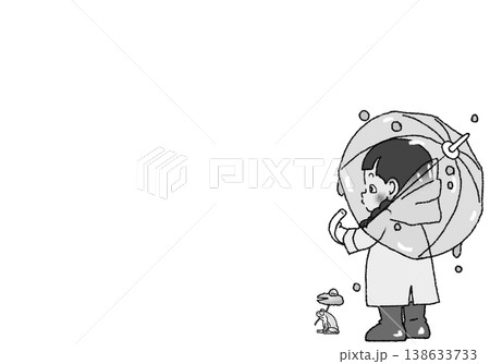 レインコートを着て雨の中たたずむ三つ編みの可愛い女の子のモノクロイラスト JPG 背景白 138633733