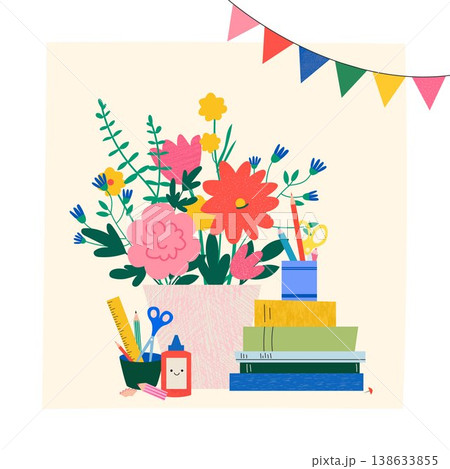 Cute Back to School Illustration Flowers and School Supplies Books Kids Classroom Decor 138633855